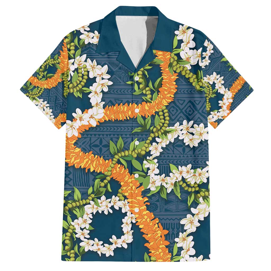 Aloha Festive Hawaii Family Matching Off Shoulder Maxi Dress and Hawaiian Shirt Mokihana - Maile and Ilima on Navy Blue LT7 Dad's Shirt - Short Sleeve Navy Blue - Polynesian Pride