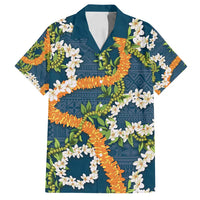 Aloha Festive Hawaii Family Matching Off Shoulder Maxi Dress and Hawaiian Shirt Mokihana - Maile and Ilima on Navy Blue LT7 Dad's Shirt - Short Sleeve Navy Blue - Polynesian Pride