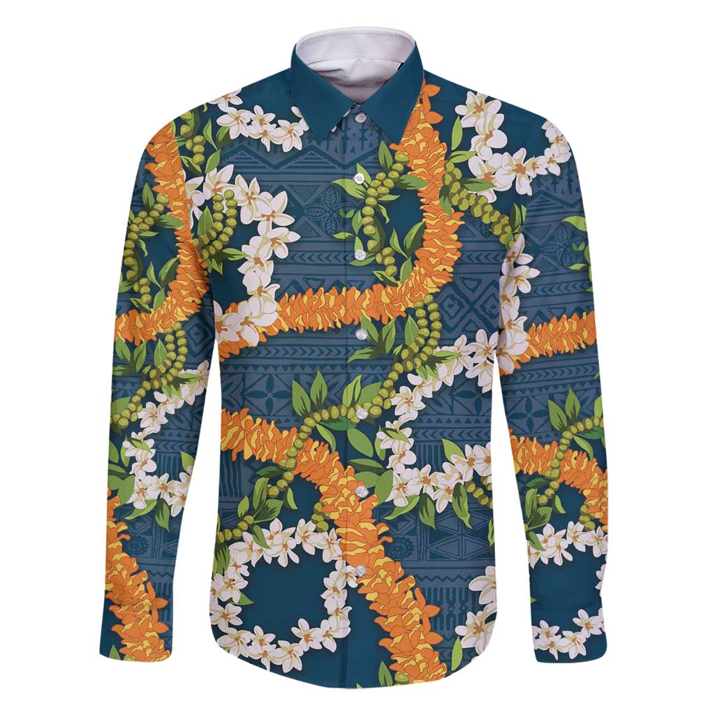 Aloha Festive Hawaii Family Matching Off Shoulder Maxi Dress and Hawaiian Shirt Mokihana - Maile and Ilima on Navy Blue LT7 Dad's Shirt - Long Sleeve Navy Blue - Polynesian Pride