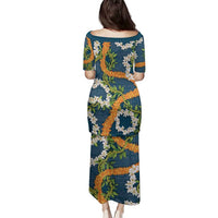 Aloha Festive Hawaii Family Matching Puletasi and Hawaiian Shirt Mokihana - Maile and Ilima on Navy Blue - Polynesian Pride