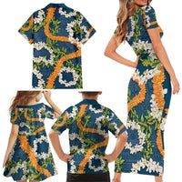 Aloha Festive Hawaii Family Matching Short Sleeve Bodycon Dress and Hawaiian Shirt Mokihana - Maile and Ilima on Navy Blue - Polynesian Pride