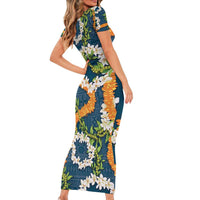 Aloha Festive Hawaii Family Matching Short Sleeve Bodycon Dress and Hawaiian Shirt Mokihana - Maile and Ilima on Navy Blue - Polynesian Pride
