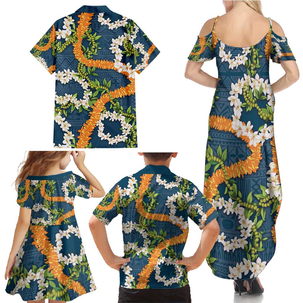 Aloha Festive Hawaii Family Matching Summer Maxi Dress and Hawaiian Shirt Mokihana - Maile and Ilima on Navy Blue - Polynesian Pride