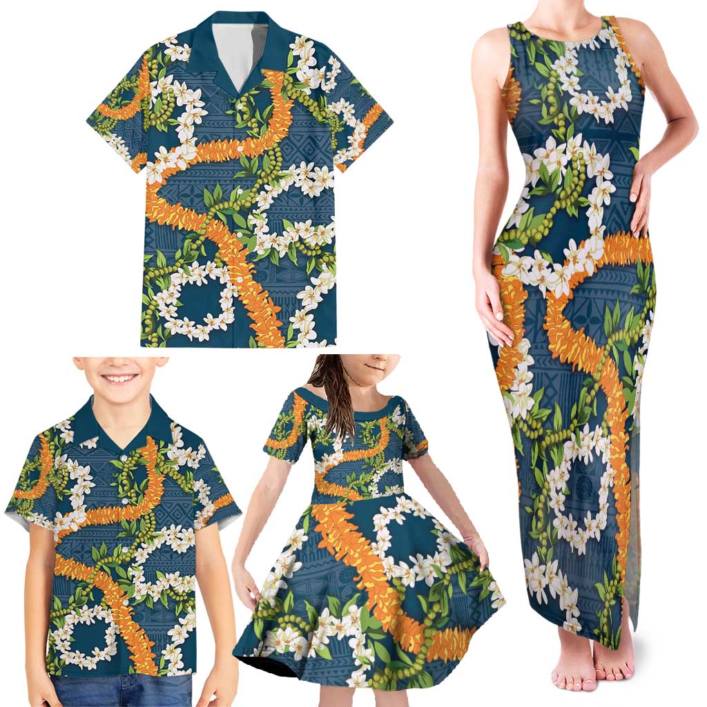 Aloha Festive Hawaii Family Matching Tank Maxi Dress and Hawaiian Shirt Mokihana - Maile and Ilima on Navy Blue - Polynesian Pride