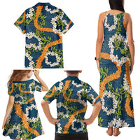 Aloha Festive Hawaii Family Matching Tank Maxi Dress and Hawaiian Shirt Mokihana - Maile and Ilima on Navy Blue - Polynesian Pride