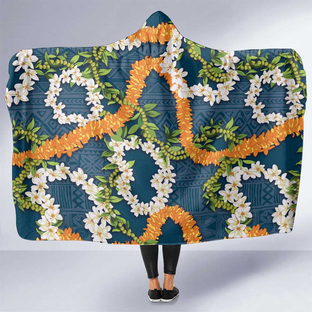 Aloha Festive Hawaii Hooded Blanket Mokihana - Maile and Ilima on Navy Blue LT7 One Size Navy Blue - Polynesian Pride