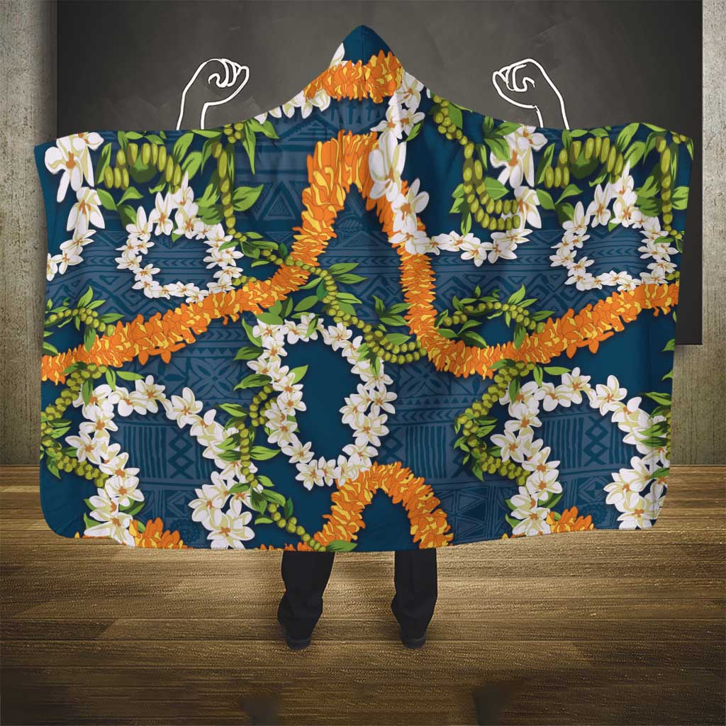Aloha Festive Hawaii Hooded Blanket Mokihana - Maile and Ilima on Navy Blue - Polynesian Pride