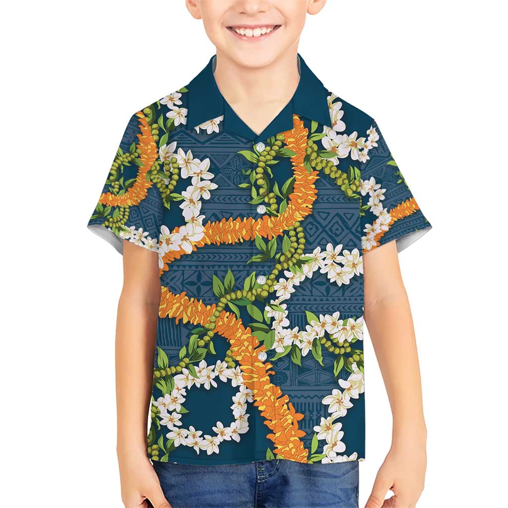 Aloha Festive Hawaii Kid Hawaiian Shirt Mokihana - Maile and Ilima on Navy Blue - Polynesian Pride