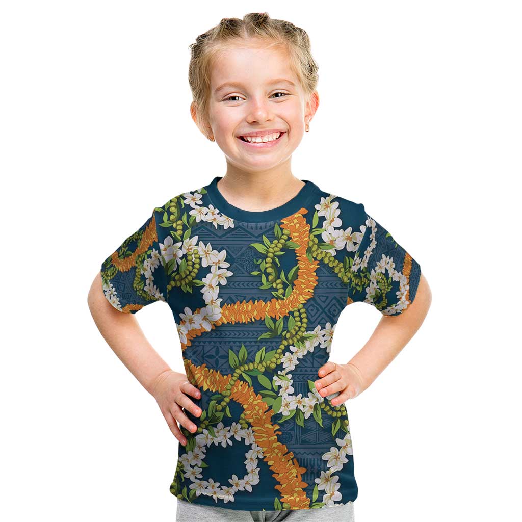 Aloha Festive Hawaii Kid T Shirt Mokihana - Maile and Ilima on Navy Blue LT7 Navy Blue - Polynesian Pride