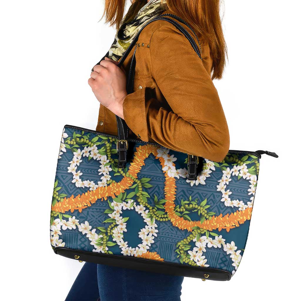 Aloha Festive Hawaii Leather Tote Bag Mokihana - Maile and Ilima on Navy Blue LT7 Navy Blue - Polynesian Pride