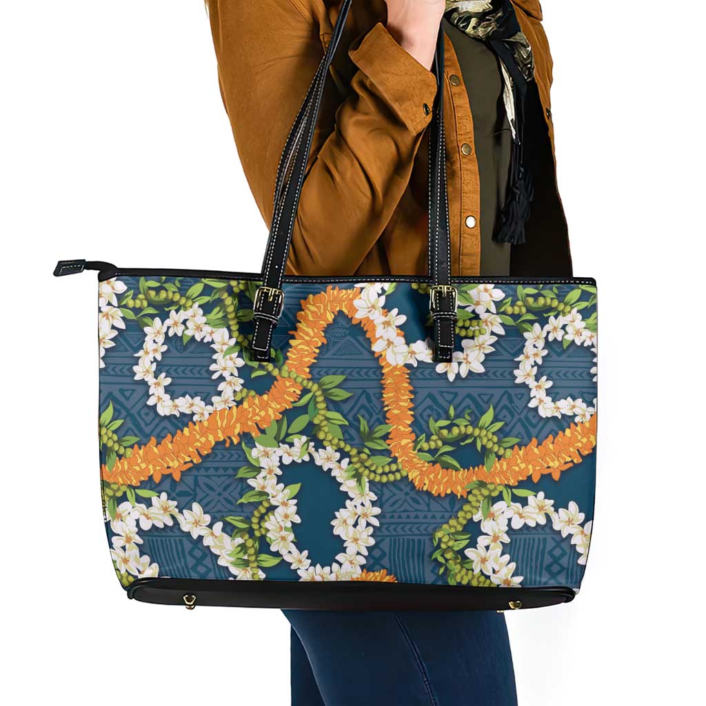 Aloha Festive Hawaii Leather Tote Bag Mokihana - Maile and Ilima on Navy Blue - Polynesian Pride