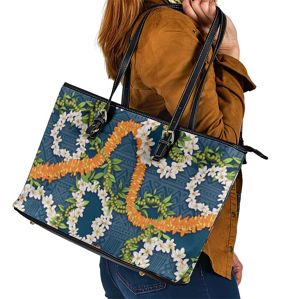 Aloha Festive Hawaii Leather Tote Bag Mokihana - Maile and Ilima on Navy Blue - Polynesian Pride