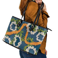 Aloha Festive Hawaii Leather Tote Bag Mokihana - Maile and Ilima on Navy Blue - Polynesian Pride