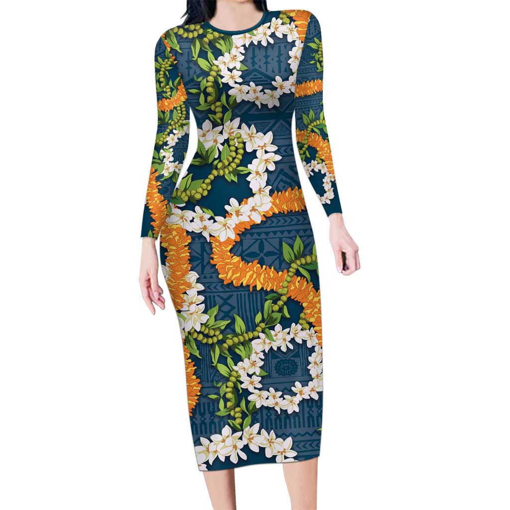 Aloha Festive Hawaii Long Sleeve Bodycon Dress Mokihana - Maile and Ilima on Navy Blue - Polynesian Pride