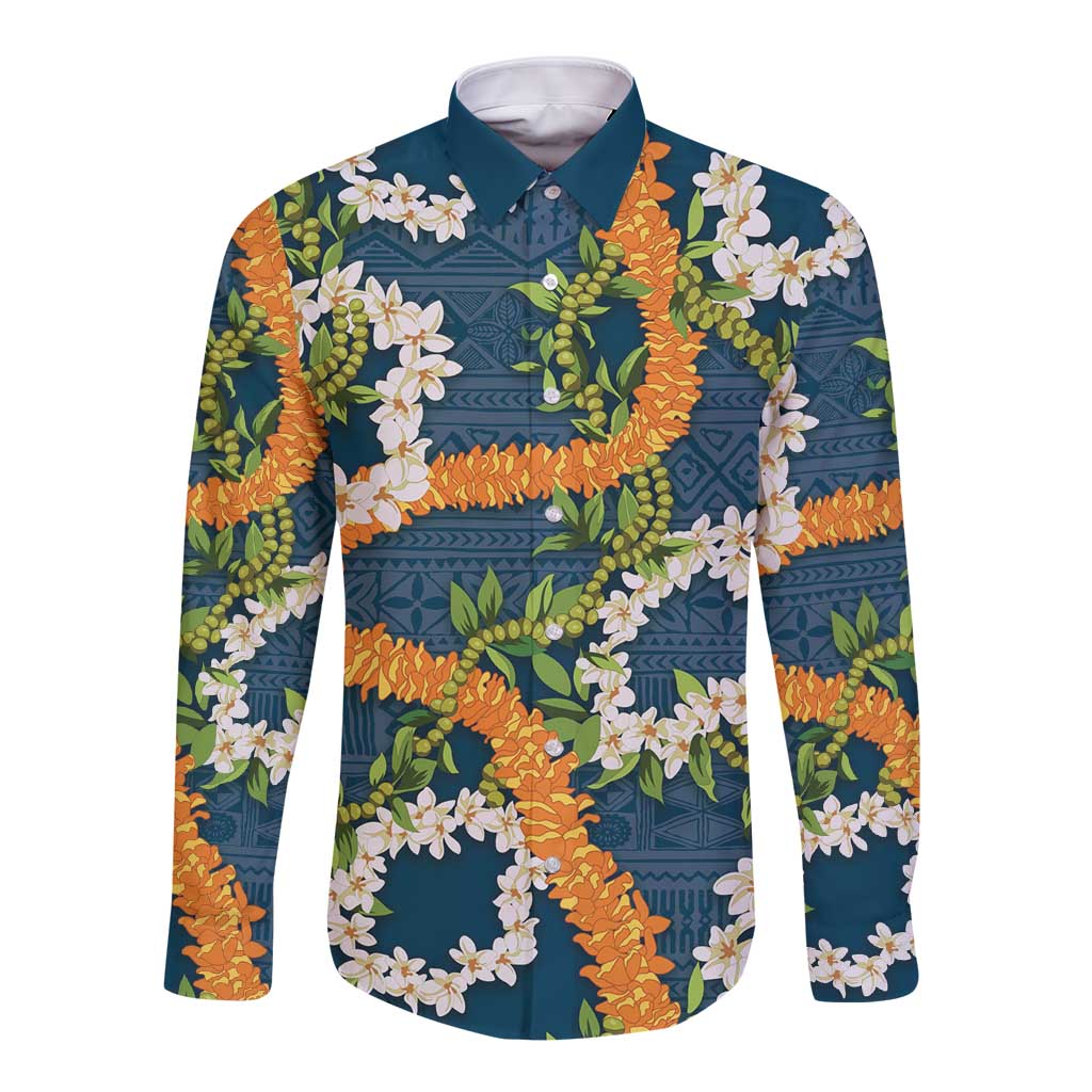 Aloha Festive Hawaii Long Sleeve Button Shirt Mokihana - Maile and Ilima on Navy Blue LT7 Unisex Navy Blue - Polynesian Pride