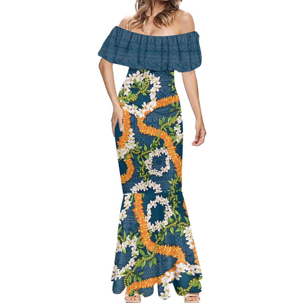Aloha Festive Hawaii Mermaid Dress Mokihana - Maile and Ilima on Navy Blue - Polynesian Pride