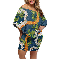 Aloha Festive Hawaii Off Shoulder Short Dress Mokihana - Maile and Ilima on Navy Blue - Polynesian Pride