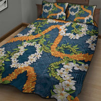 Aloha Festive Hawaii Quilt Bed Set Mokihana - Maile and Ilima on Navy Blue - Polynesian Pride