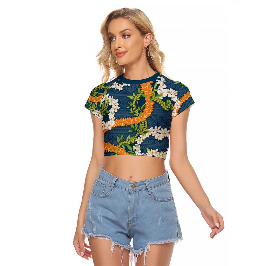 Aloha Festive Hawaii Raglan Cropped T Shirt Mokihana - Maile and Ilima on Navy Blue LT7 Female Navy Blue - Polynesian Pride
