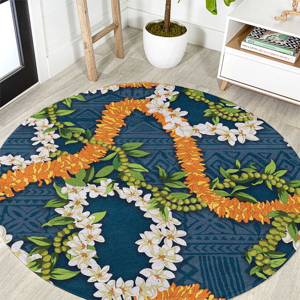 Aloha Festive Hawaii Round Carpet Mokihana - Maile and Ilima on Navy Blue LT7 Navy Blue - Polynesian Pride