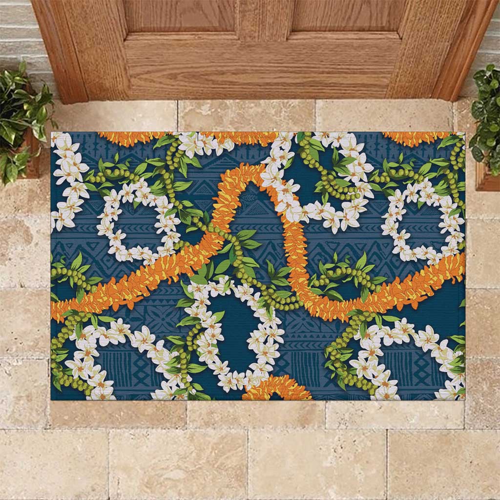 Aloha Festive Hawaii Rubber Doormat Mokihana - Maile and Ilima on Navy Blue LT7 Navy Blue - Polynesian Pride