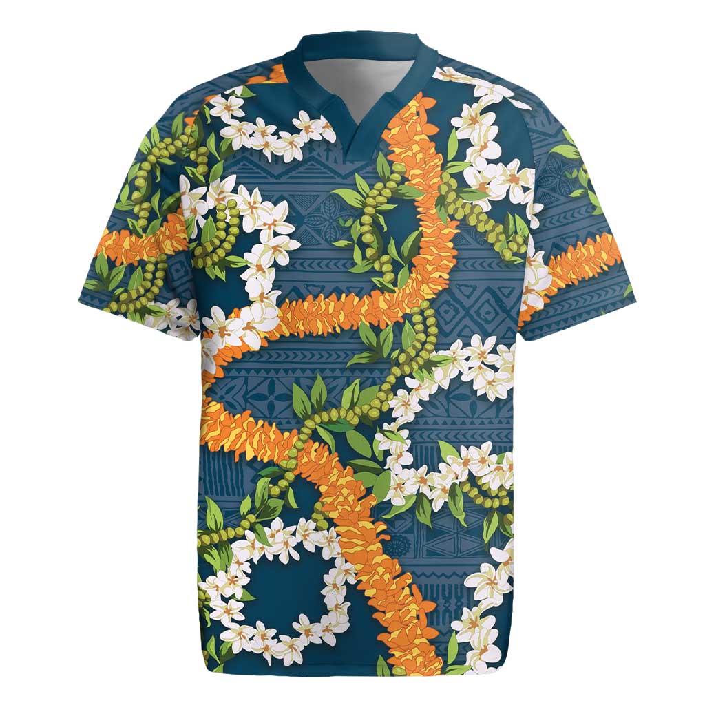 Aloha Festive Hawaii Rugby Jersey Mokihana - Maile and Ilima on Navy Blue - Polynesian Pride