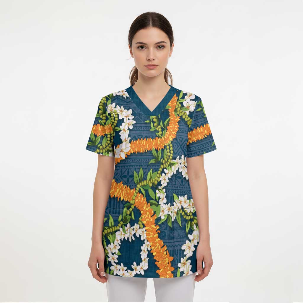 Aloha Festive Hawaii Scrub Top Mokihana - Maile and Ilima on Navy Blue - Polynesian Pride