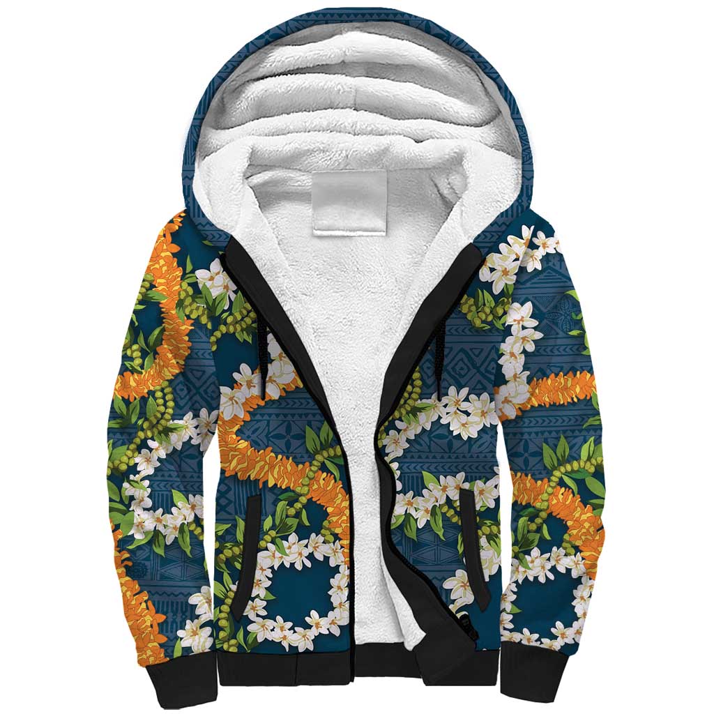 Aloha Festive Hawaii Sherpa Hoodie Mokihana - Maile and Ilima on Navy Blue LT7 Unisex Navy Blue - Polynesian Pride