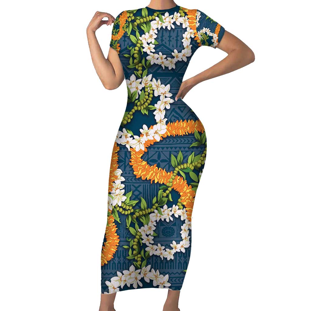 Aloha Festive Hawaii Short Sleeve Bodycon Dress Mokihana - Maile and Ilima on Navy Blue - Polynesian Pride