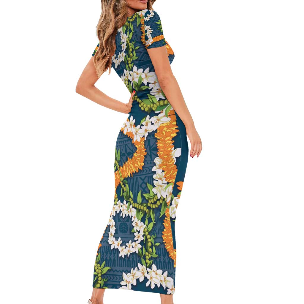 Aloha Festive Hawaii Short Sleeve Bodycon Dress Mokihana - Maile and Ilima on Navy Blue - Polynesian Pride