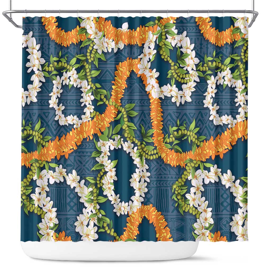 Aloha Festive Hawaii Shower Curtain Mokihana - Maile and Ilima on Navy Blue LT7 Navy Blue - Polynesian Pride