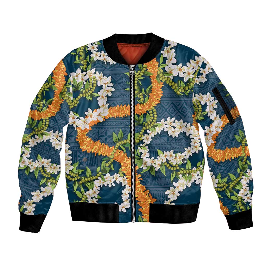 Aloha Festive Hawaii Sleeve Zip Bomber Jacket Mokihana - Maile and Ilima on Navy Blue LT7 Unisex Navy Blue - Polynesian Pride