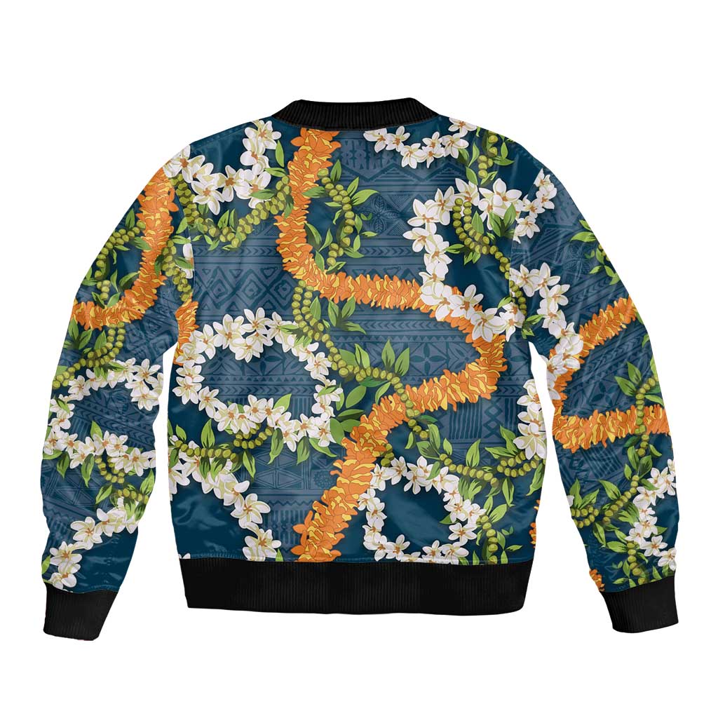 Aloha Festive Hawaii Sleeve Zip Bomber Jacket Mokihana - Maile and Ilima on Navy Blue LT7 - Polynesian Pride