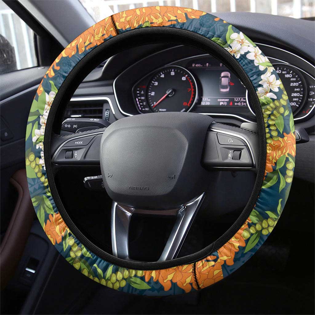 Aloha Festive Hawaii Steering Wheel Cover Mokihana - Maile and Ilima on Navy Blue - Polynesian Pride