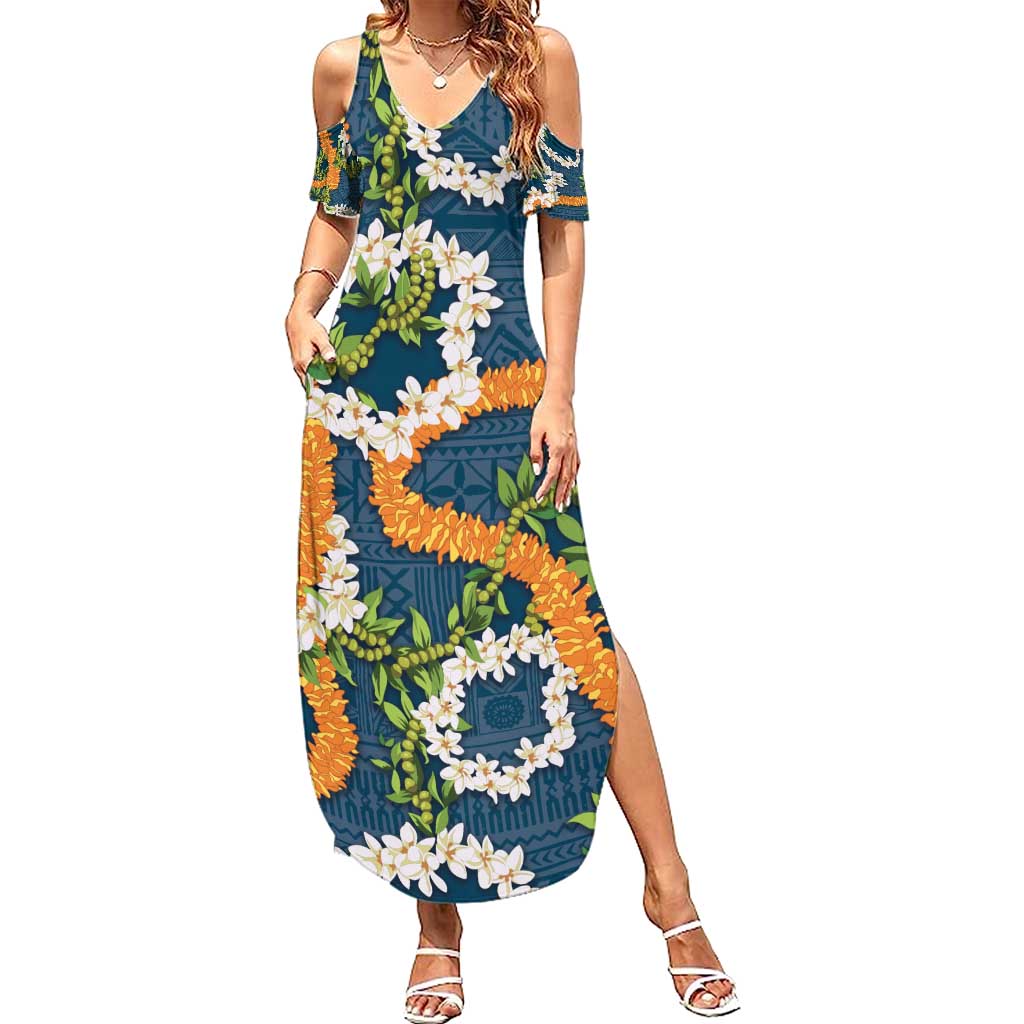 Aloha Festive Hawaii Summer Maxi Dress Mokihana - Maile and Ilima on Navy Blue - Polynesian Pride
