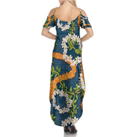 Aloha Festive Hawaii Summer Maxi Dress Mokihana - Maile and Ilima on Navy Blue - Polynesian Pride