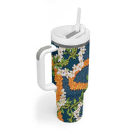 Aloha Festive Hawaii Tumbler With Handle Mokihana - Maile and Ilima on Navy Blue - Polynesian Pride