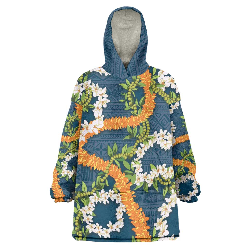 Aloha Festive Hawaii Wearable Blanket Hoodie Mokihana - Maile and Ilima on Navy Blue LT7 One Size Navy Blue - Polynesian Pride