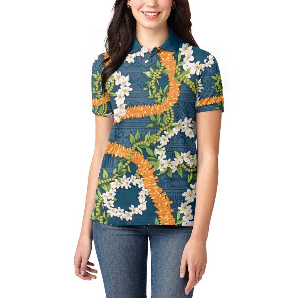 Aloha Festive Hawaii Women Polo Shirt Mokihana - Maile and Ilima on Navy Blue - Polynesian Pride
