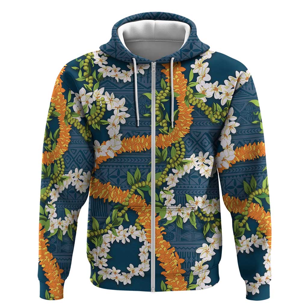 Aloha Festive Hawaii Zip Hoodie Mokihana - Maile and Ilima on Navy Blue LT7 Zip Hoodie Navy Blue - Polynesian Pride