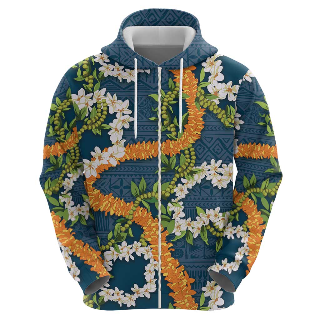 Aloha Festive Hawaii Zip Hoodie Mokihana - Maile and Ilima on Navy Blue - Polynesian Pride