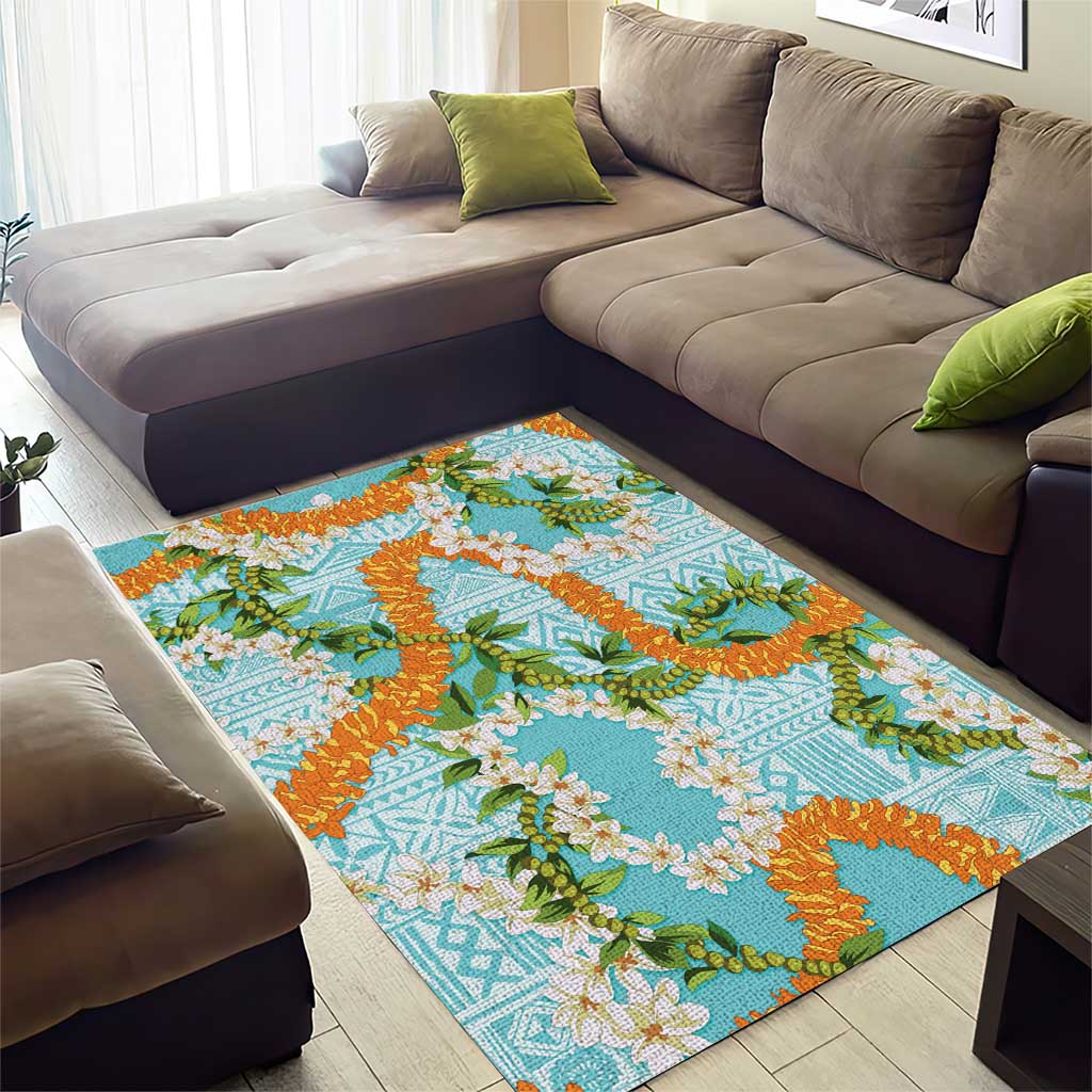 Aloha Festive Hawaii Area Rug Mokihana - Maile and Ilima on Turquoise - Polynesian Pride