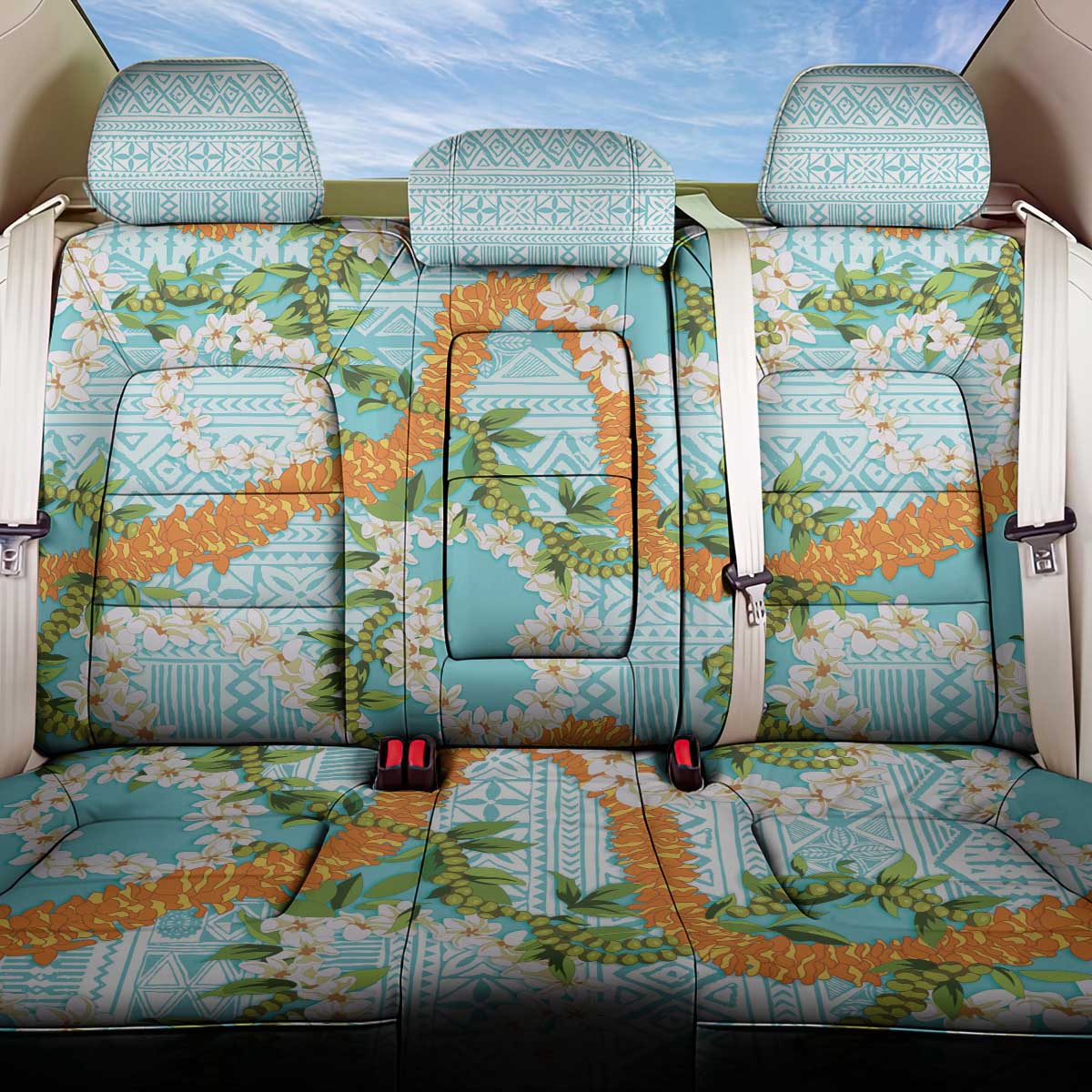 Aloha Festive Hawaii Back Car Seat Cover Mokihana - Maile and Ilima on Turquoise - Polynesian Pride