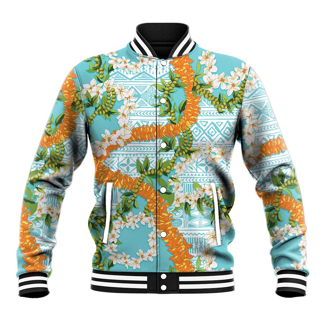Aloha Festive Hawaii Baseball Jacket Mokihana - Maile and Ilima on Turquoise LT7 Unisex Turquoise - Polynesian Pride