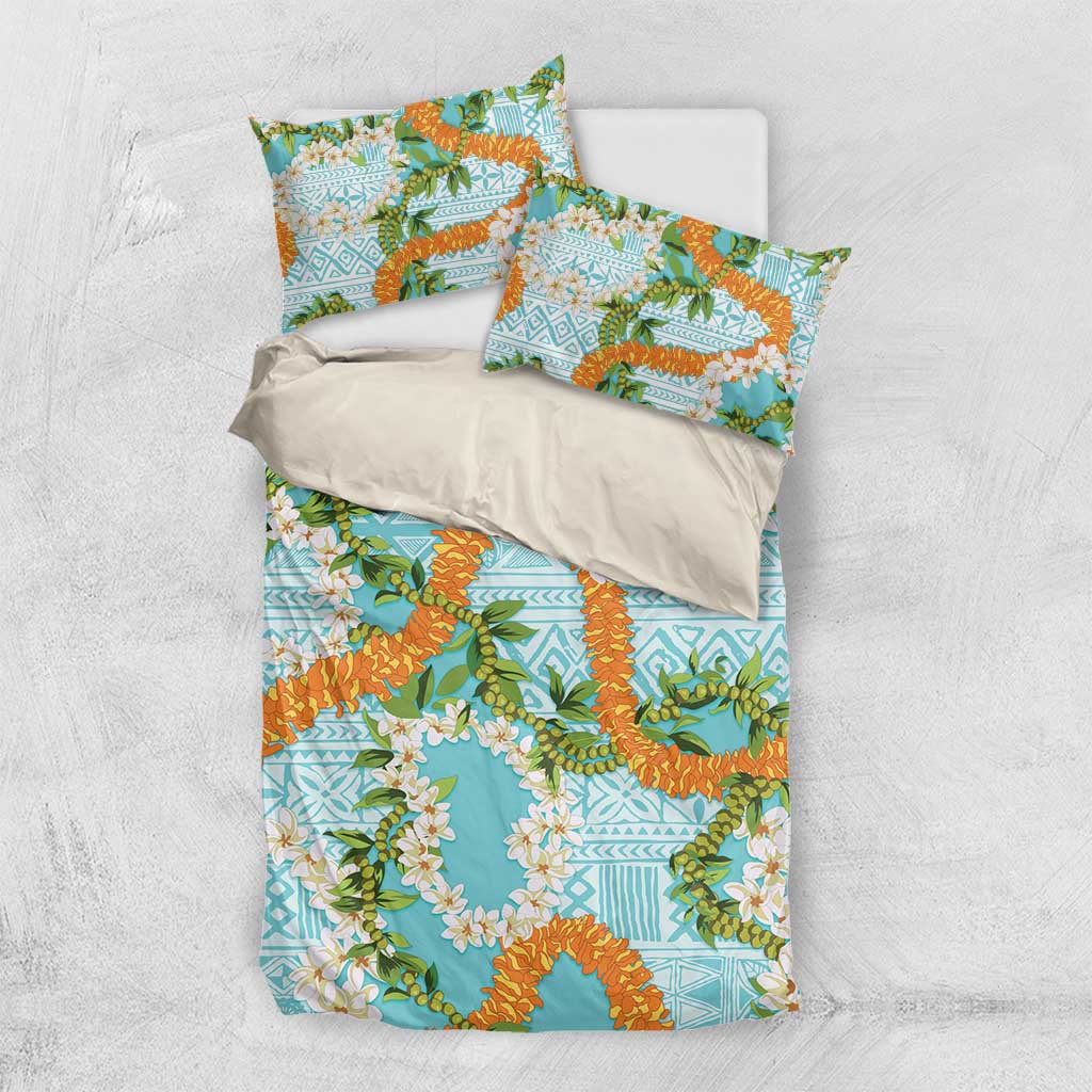 Aloha Festive Hawaii Bedding Set Mokihana - Maile and Ilima on Turquoise - Polynesian Pride