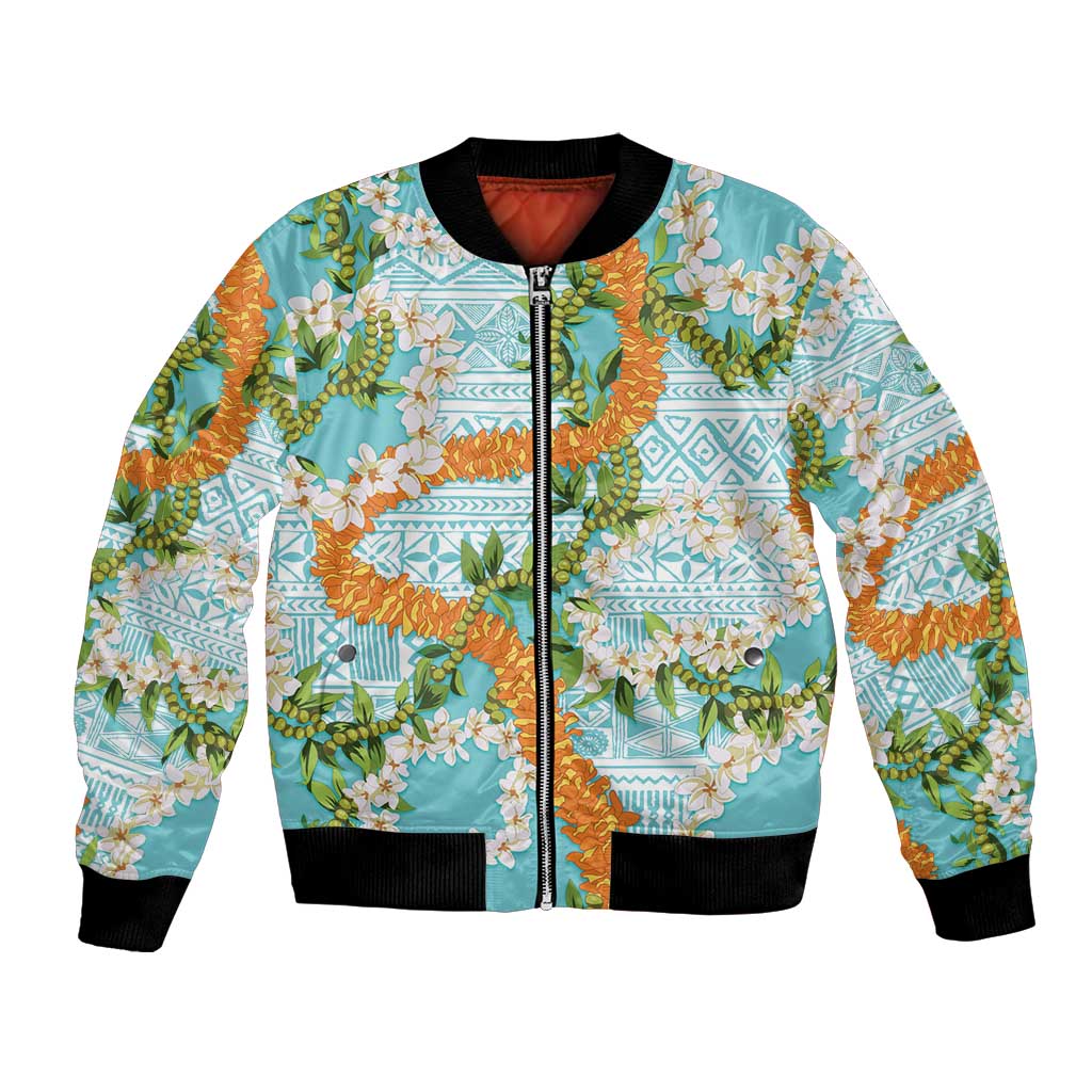 Aloha Festive Hawaii Bomber Jacket Mokihana - Maile and Ilima on Turquoise LT7 Unisex Turquoise - Polynesian Pride