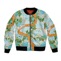 Aloha Festive Hawaii Bomber Jacket Mokihana - Maile and Ilima on Turquoise LT7 Unisex Turquoise - Polynesian Pride