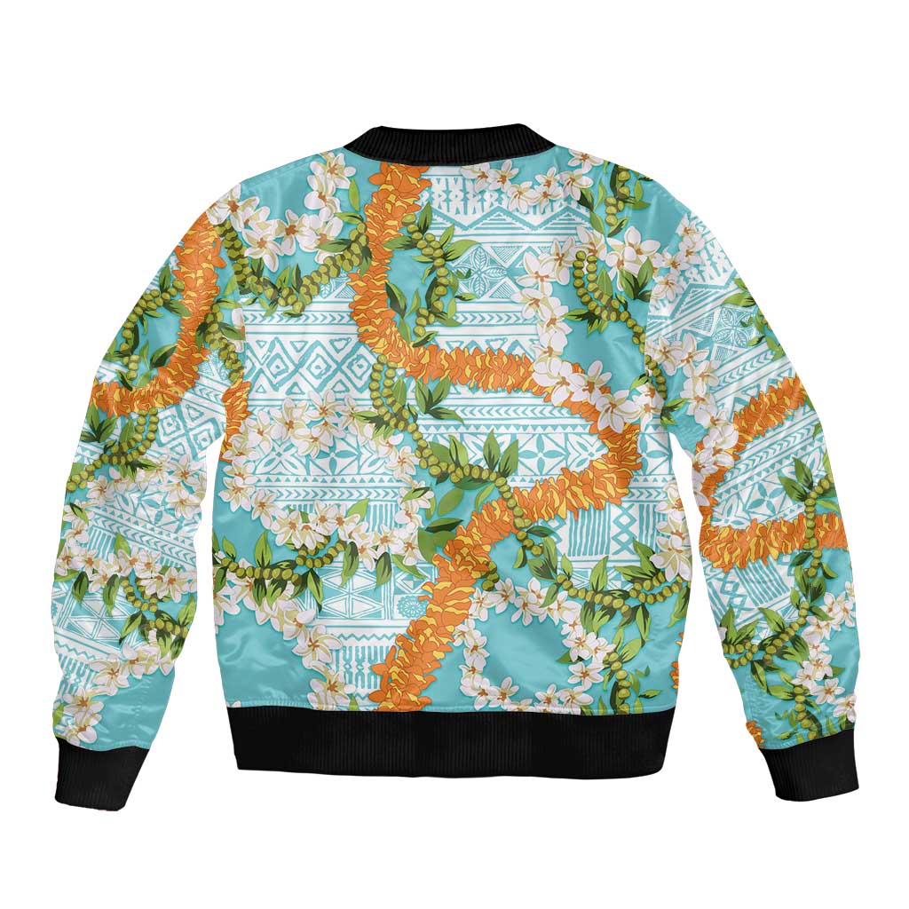 Aloha Festive Hawaii Bomber Jacket Mokihana - Maile and Ilima on Turquoise LT7 - Polynesian Pride