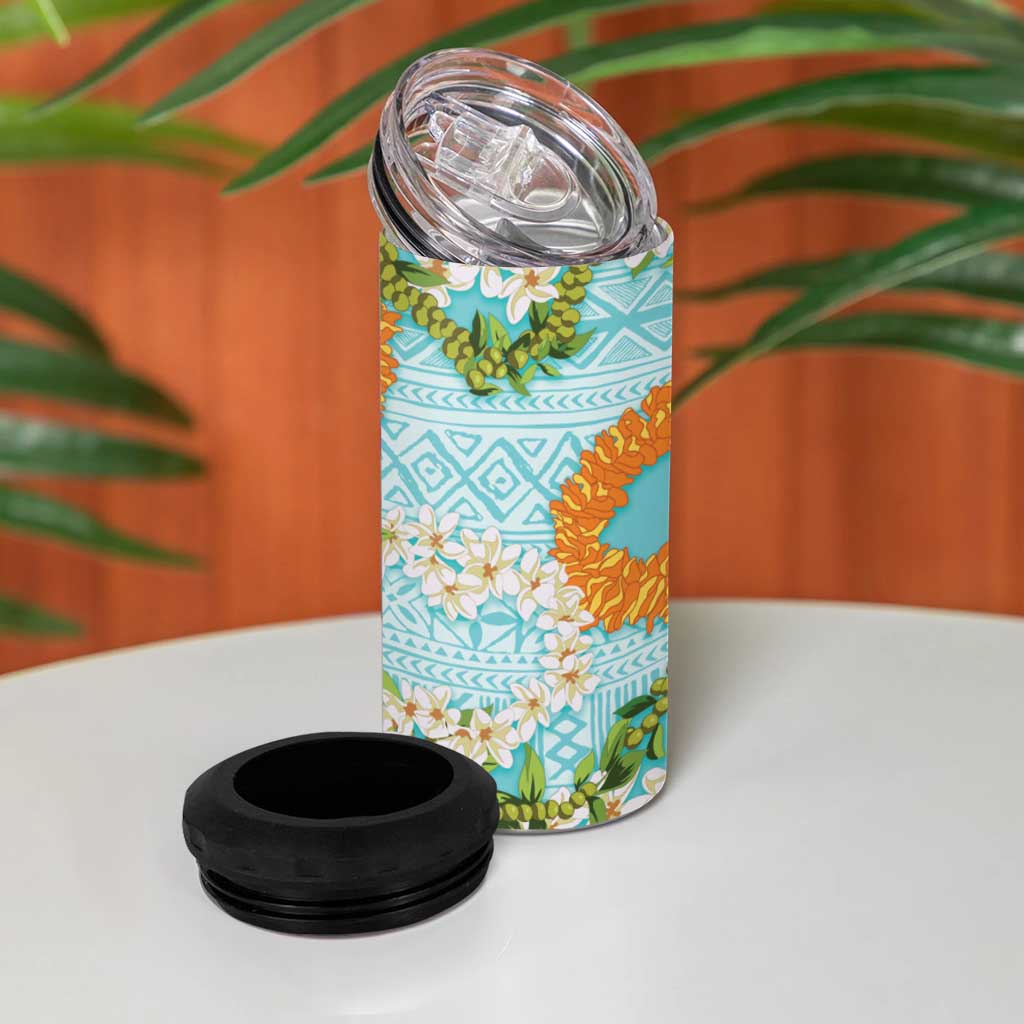 Aloha Festive Hawaii 4 in 1 Can Cooler Tumbler Mokihana - Maile and Ilima on Turquoise - Polynesian Pride