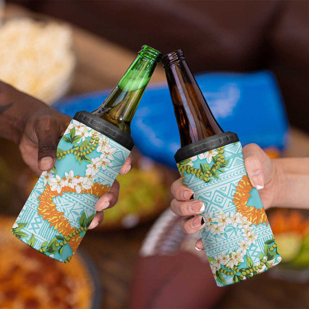 Aloha Festive Hawaii 4 in 1 Can Cooler Tumbler Mokihana - Maile and Ilima on Turquoise - Polynesian Pride